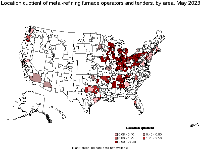Map of location quotient of metal-refining furnace operators and tenders by area, May 2021