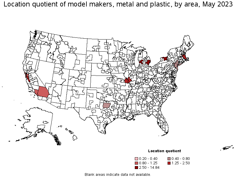 Map of location quotient of model makers, metal and plastic by area, May 2022