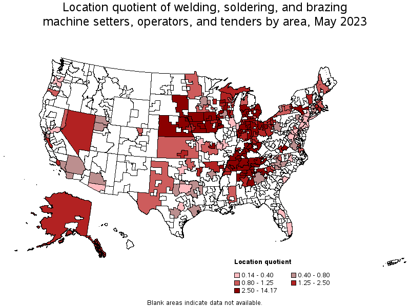 Map of location quotient of welding, soldering, and brazing machine setters, operators, and tenders by area, May 2022