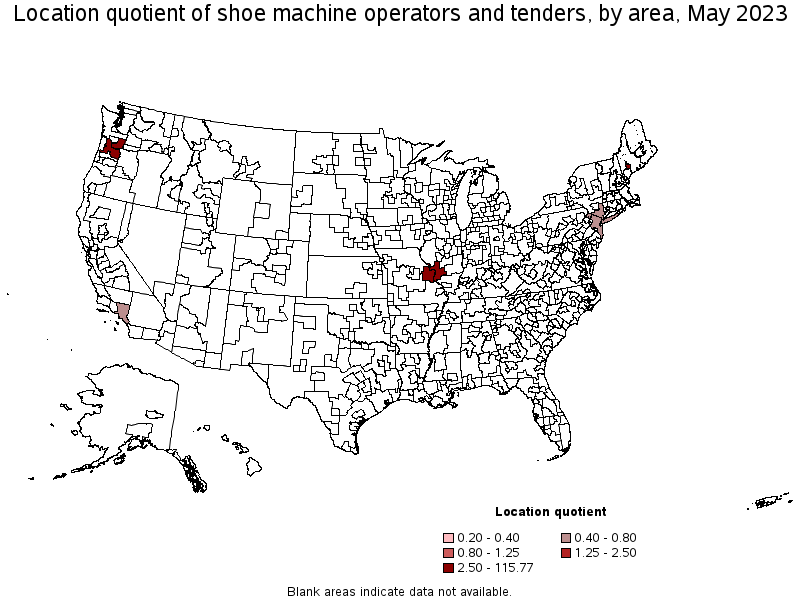 Map of location quotient of shoe machine operators and tenders by area, May 2022