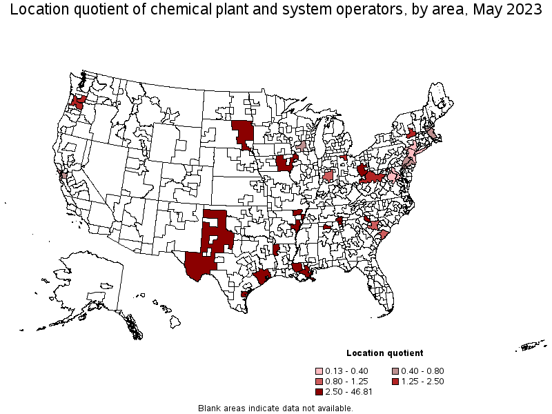 Map of location quotient of chemical plant and system operators by area, May 2022