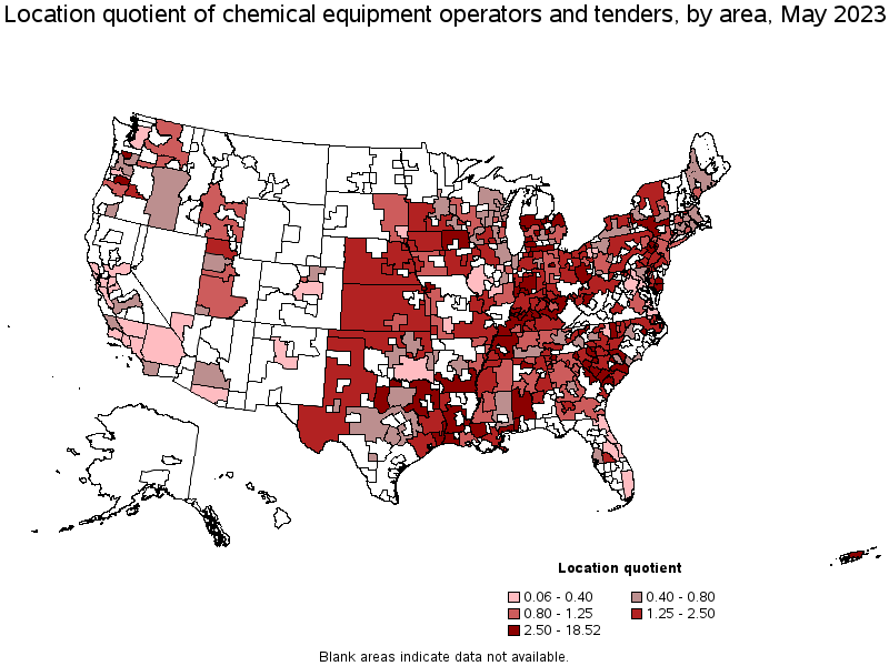Map of location quotient of chemical equipment operators and tenders by area, May 2022