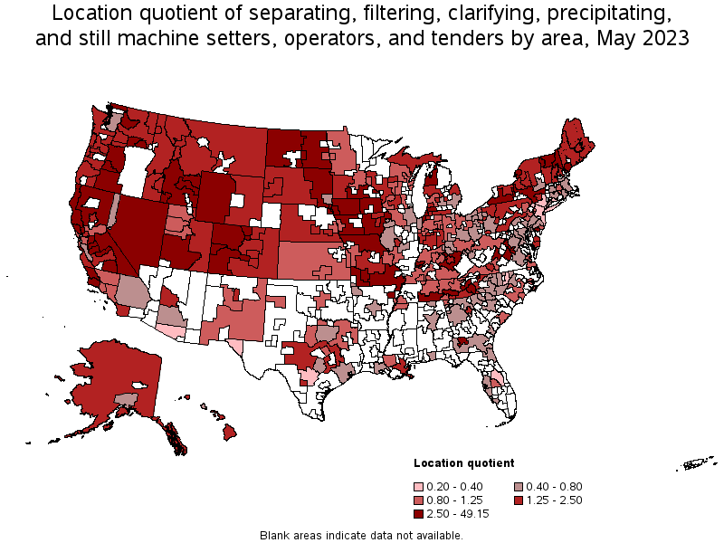 Map of location quotient of separating, filtering, clarifying, precipitating, and still machine setters, operators, and tenders by area, May 2022