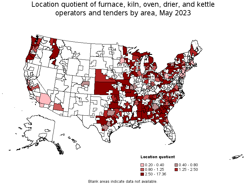 Map of location quotient of furnace, kiln, oven, drier, and kettle operators and tenders by area, May 2022
