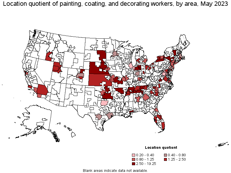 Map of location quotient of painting, coating, and decorating workers by area, May 2021
