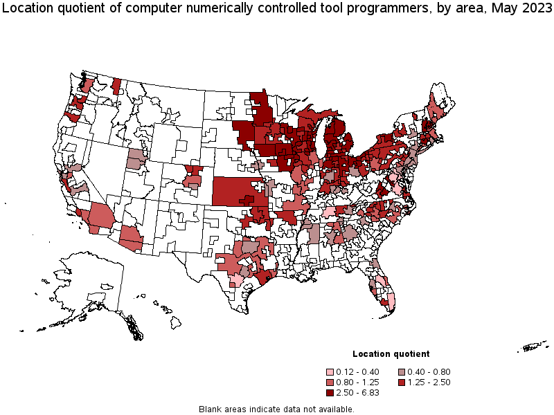 Map of location quotient of computer numerically controlled tool programmers by area, May 2022
