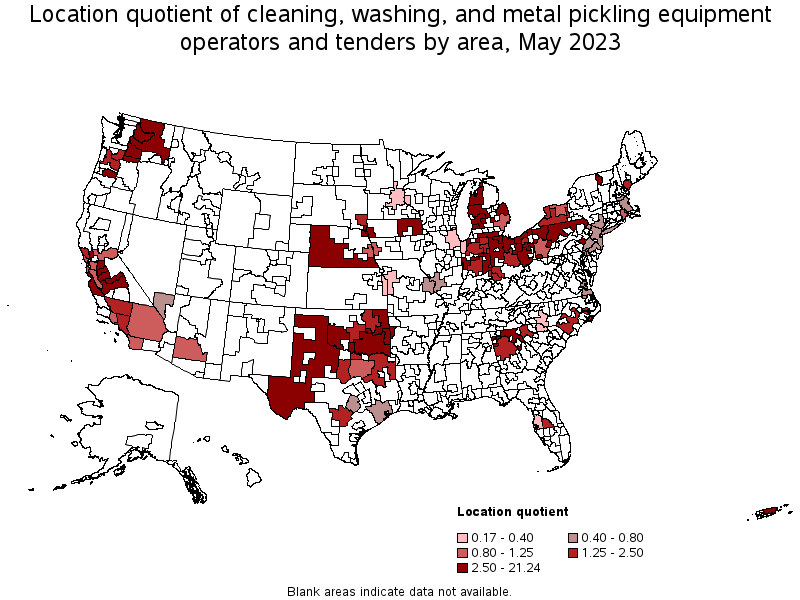 Map of location quotient of cleaning, washing, and metal pickling equipment operators and tenders by area, May 2021