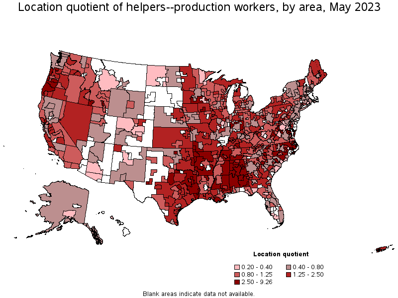 Map of location quotient of helpers--production workers by area, May 2021