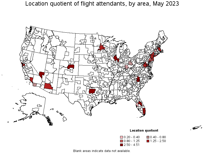 Map of location quotient of flight attendants by area, May 2021