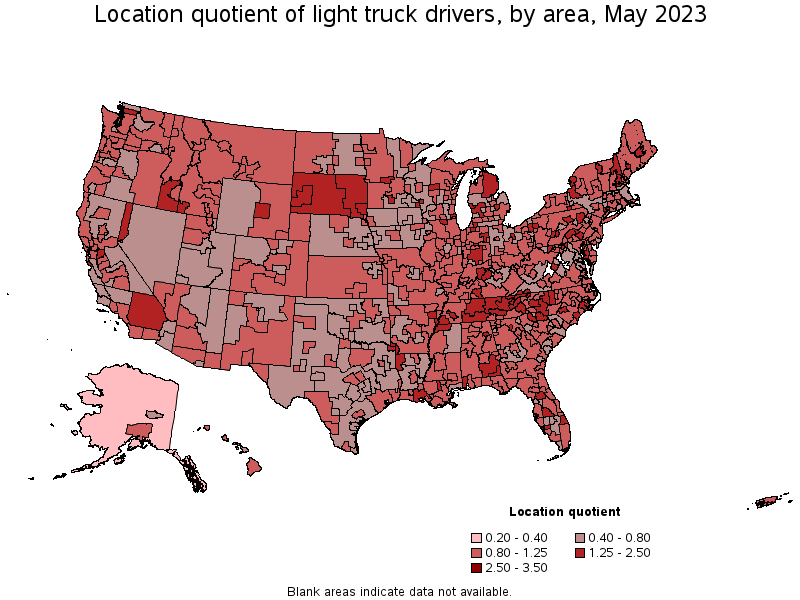 Map of location quotient of light truck drivers by area, May 2021
