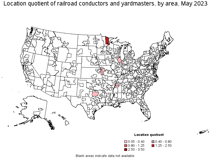 Map of location quotient of railroad conductors and yardmasters by area, May 2022