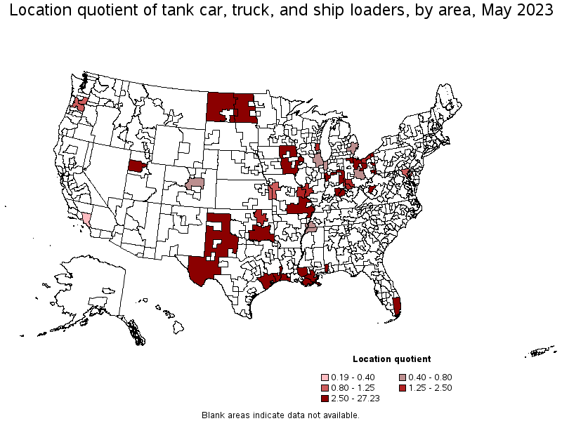 Map of location quotient of tank car, truck, and ship loaders by area, May 2021