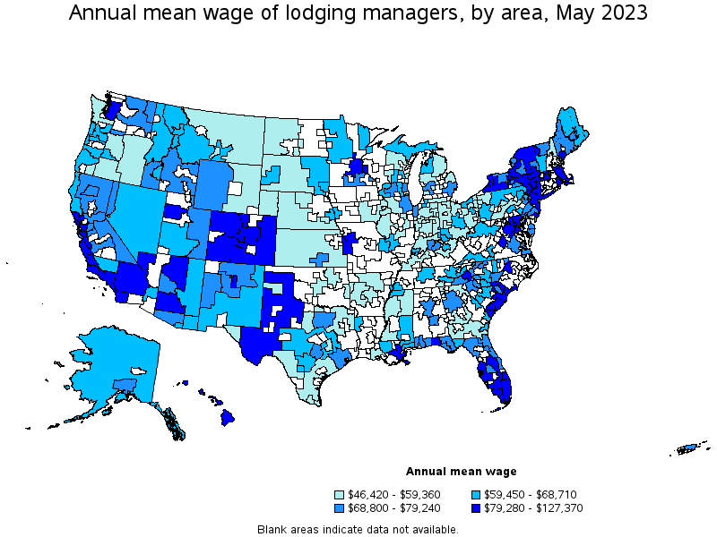 Map of annual mean wages of lodging managers by area, May 2021