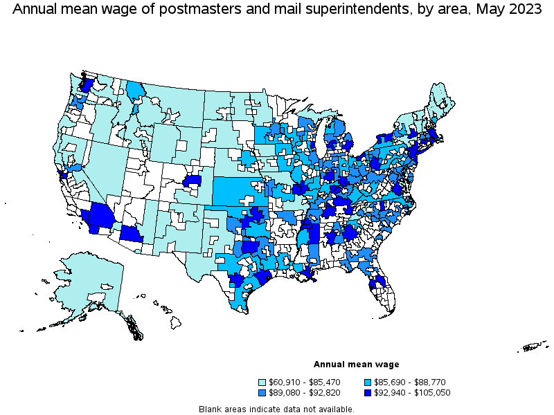 Map of annual mean wages of postmasters and mail superintendents by area, May 2021