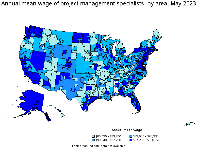 Map of annual mean wages of project management specialists by area, May 2023