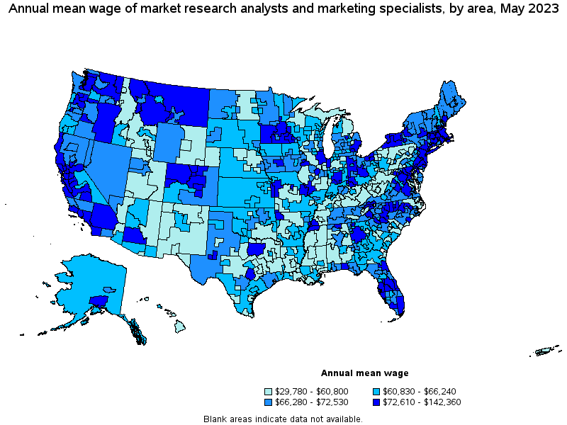 Map of annual mean wages of market research analysts and marketing specialists by area, May 2022