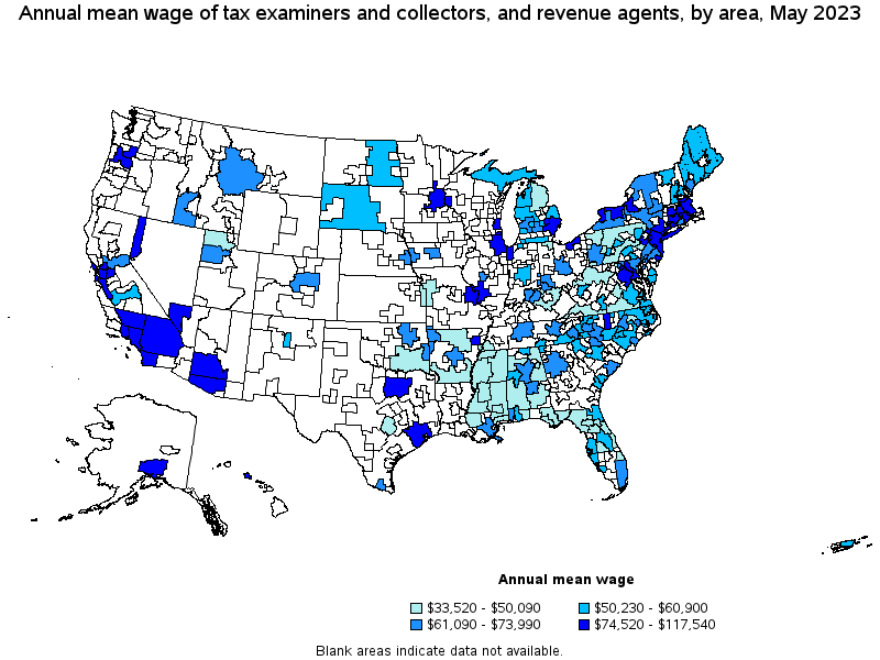 Map of annual mean wages of tax examiners and collectors, and revenue agents by area, May 2022