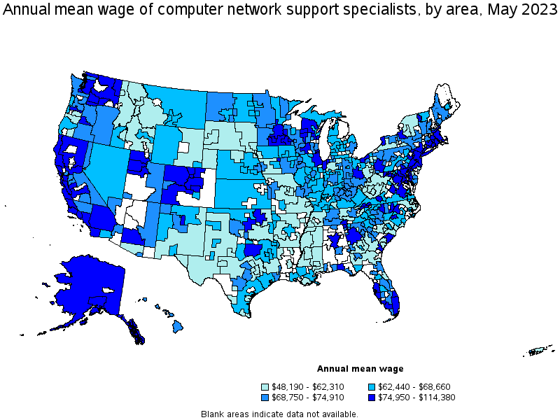 Map of annual mean wages of computer network support specialists by area, May 2023