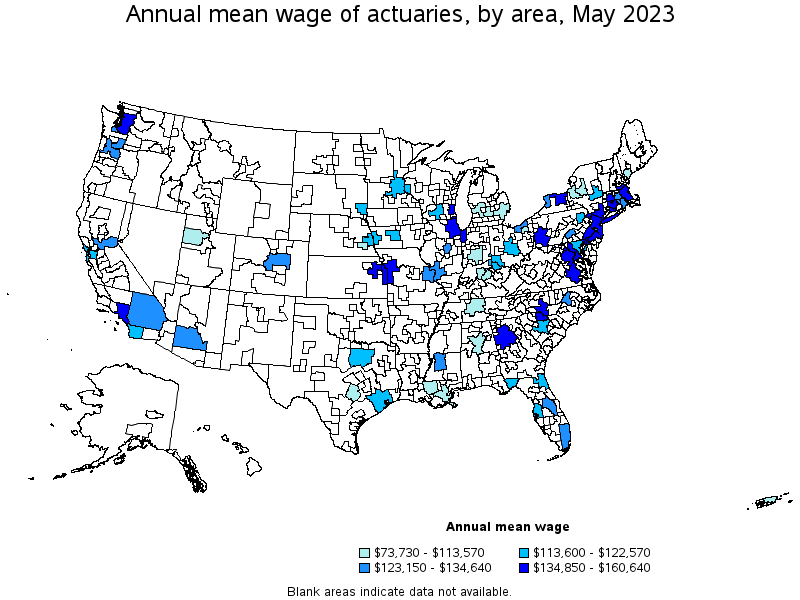 Map of annual mean wages of actuaries by area, May 2022
