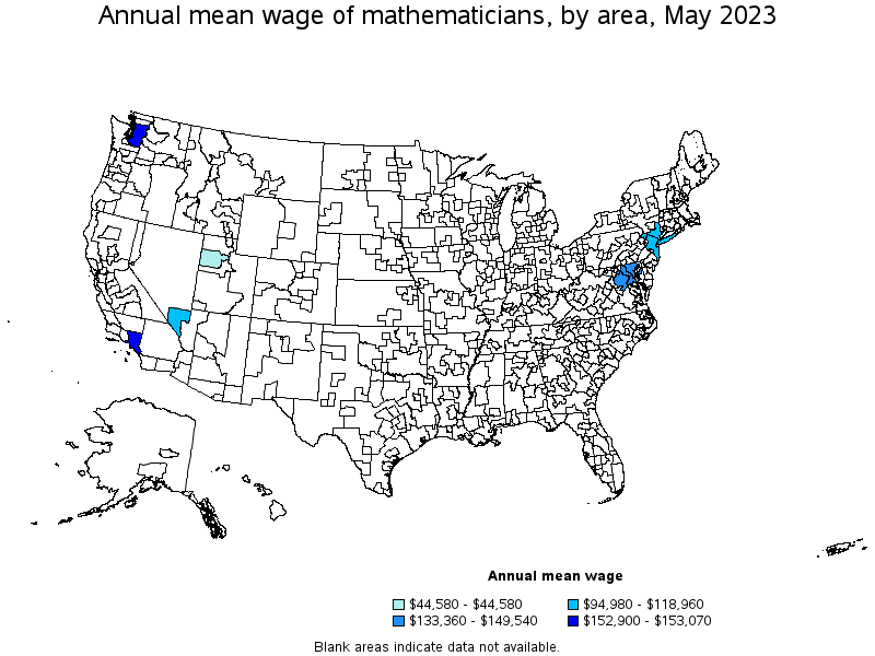 Map of annual mean wages of mathematicians by area, May 2022