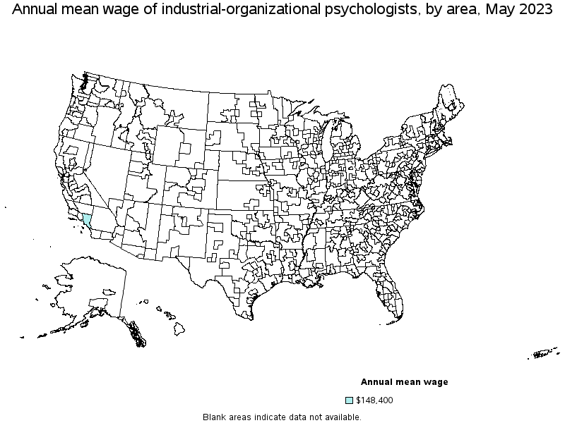 Map of annual mean wages of industrial-organizational psychologists by area, May 2023