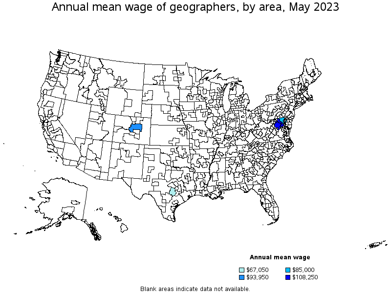 Map of annual mean wages of geographers by area, May 2022