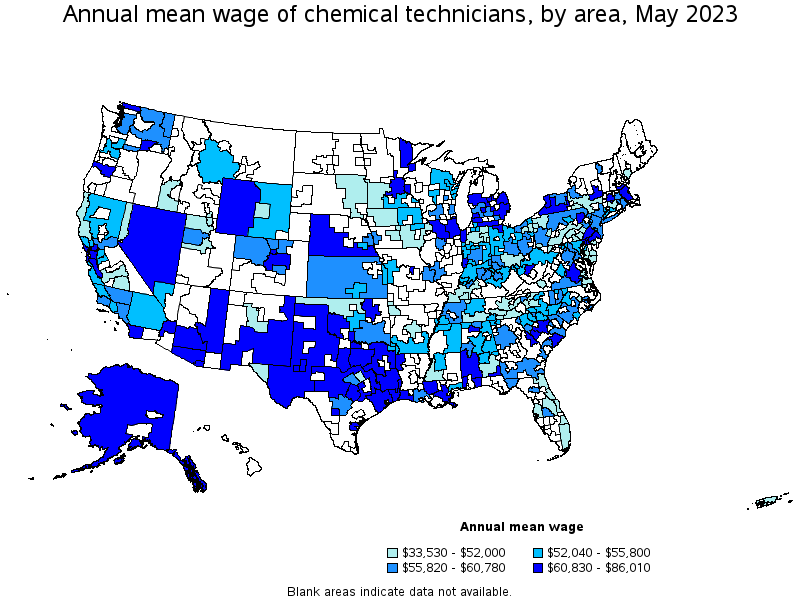 Map of annual mean wages of chemical technicians by area, May 2021