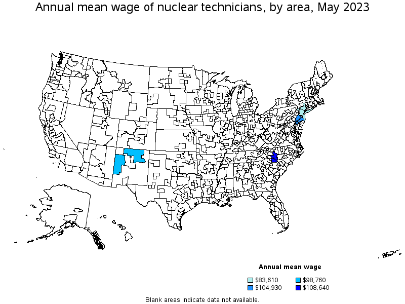 Map of annual mean wages of nuclear technicians by area, May 2022