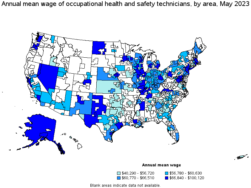 Map of annual mean wages of occupational health and safety technicians by area, May 2021