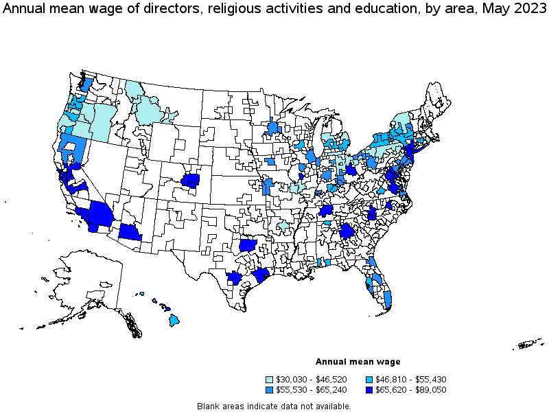 Map of annual mean wages of directors, religious activities and education by area, May 2021