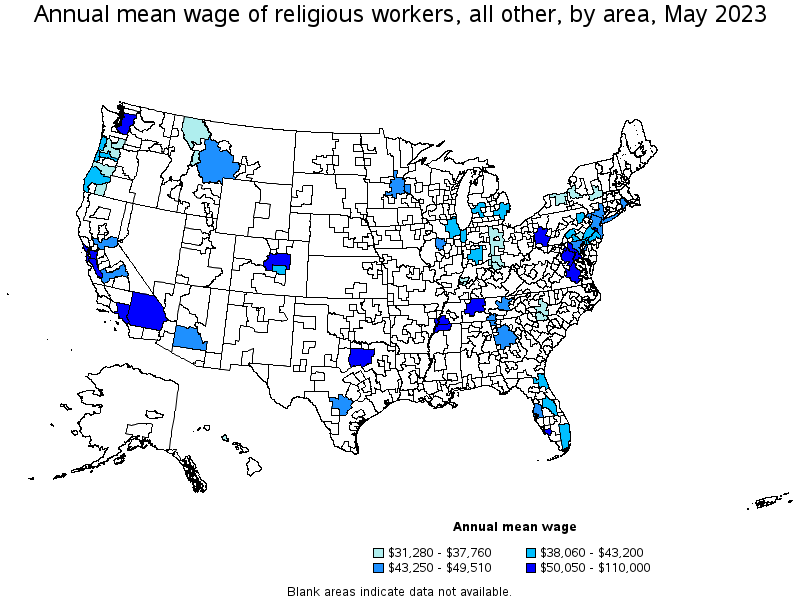 Map of annual mean wages of religious workers, all other by area, May 2022