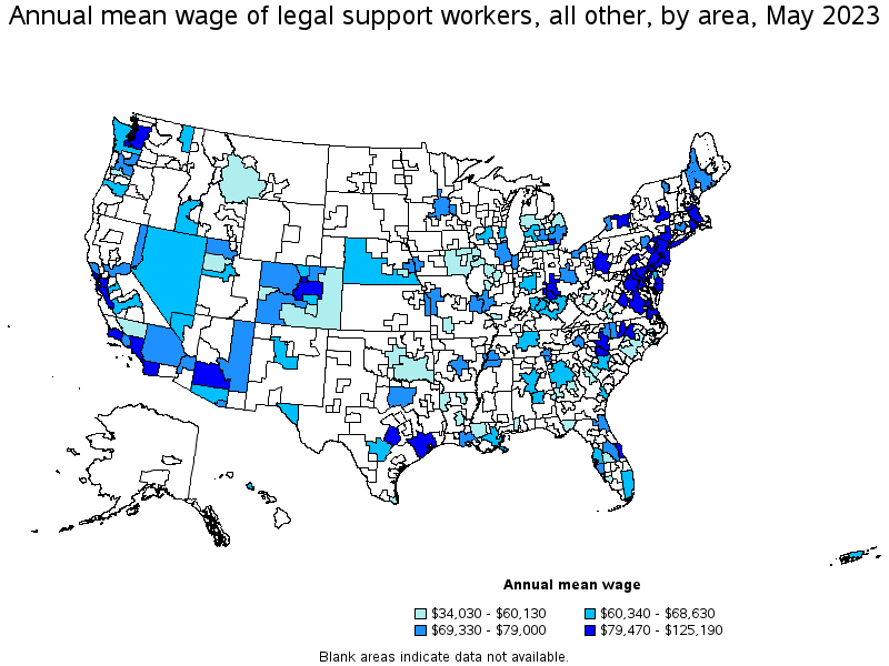 Map of annual mean wages of legal support workers, all other by area, May 2021