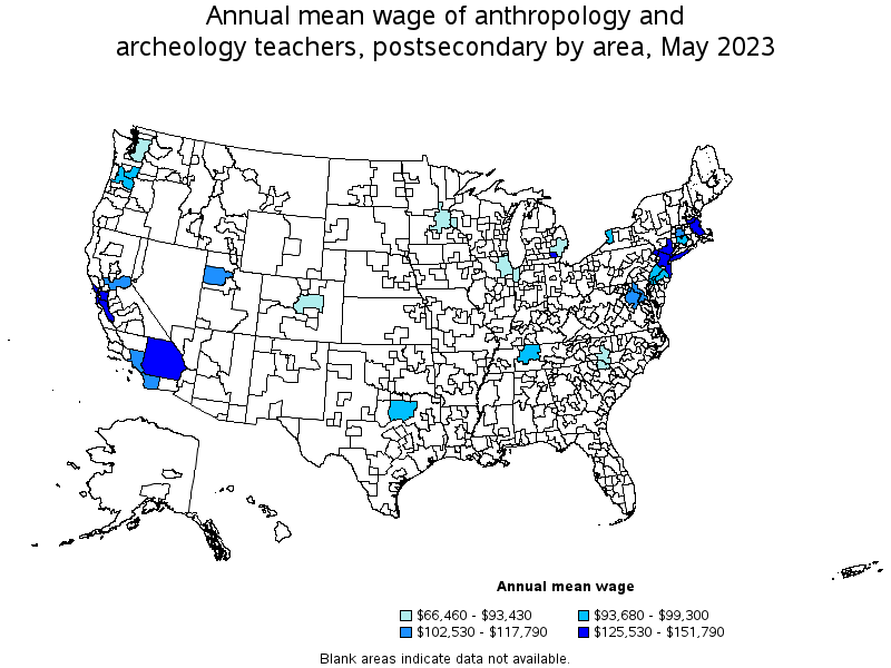 Map of annual mean wages of anthropology and archeology teachers, postsecondary by area, May 2021