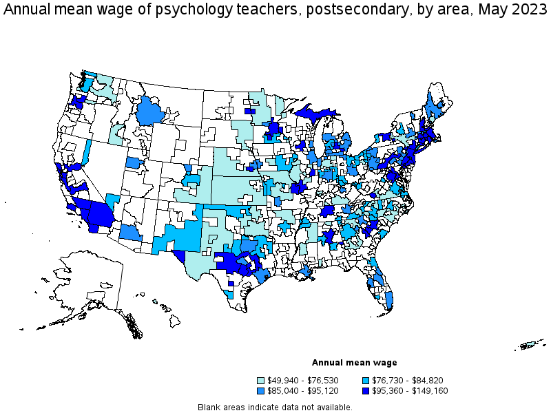 Map of annual mean wages of psychology teachers, postsecondary by area, May 2022