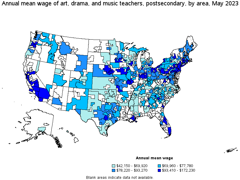 Map of annual mean wages of art, drama, and music teachers, postsecondary by area, May 2022