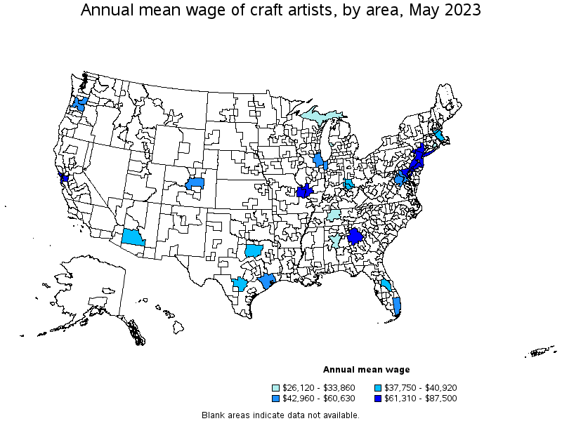 Map of annual mean wages of craft artists by area, May 2022