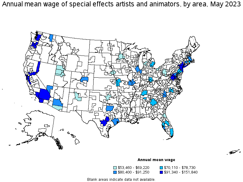 Map of annual mean wages of special effects artists and animators by area, May 2023