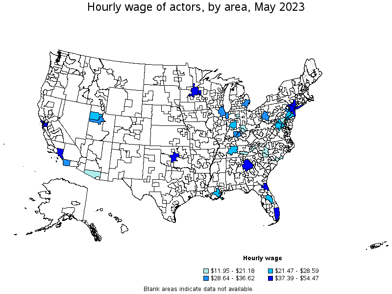 Map of annual mean wages of actors by area, May 2021