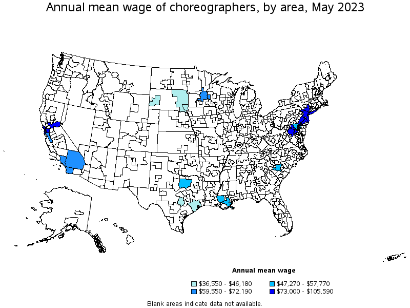 Map of annual mean wages of choreographers by area, May 2022