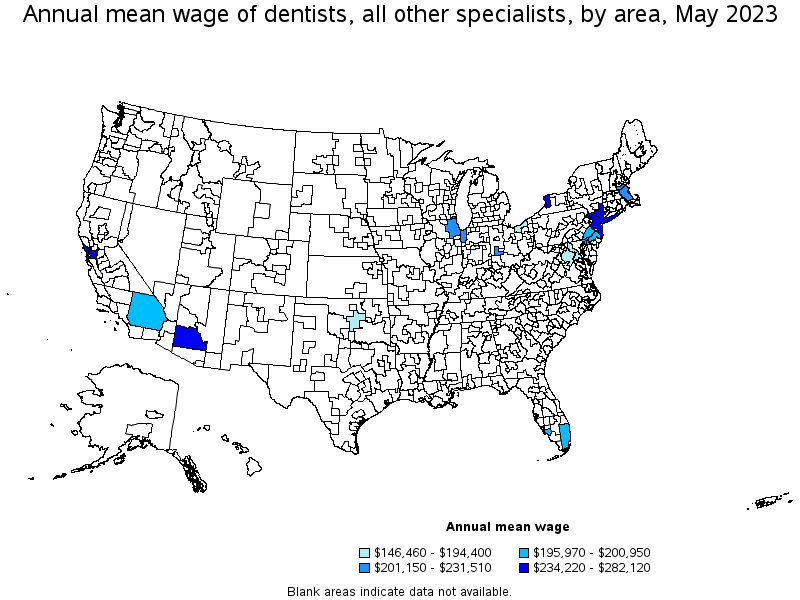 Map of annual mean wages of dentists, all other specialists by area, May 2021