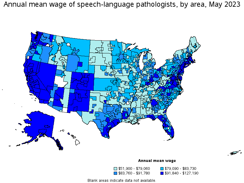 Map of annual mean wages of speech-language pathologists by area, May 2023