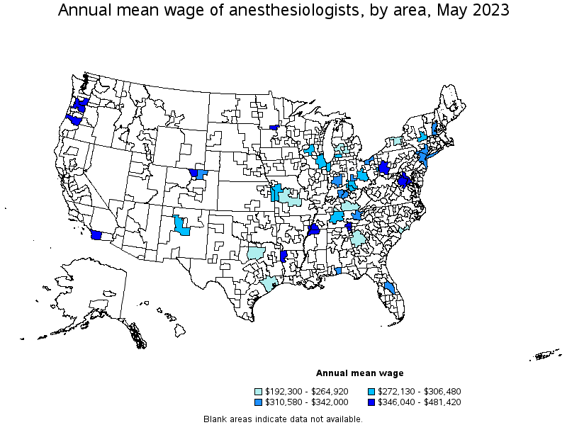 Map of annual mean wages of anesthesiologists by area, May 2021