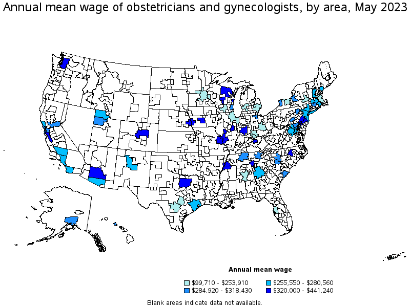 Map of annual mean wages of obstetricians and gynecologists by area, May 2021