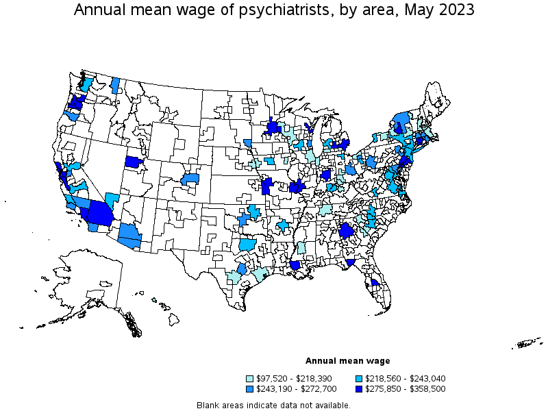 Map of annual mean wages of psychiatrists by area, May 2021