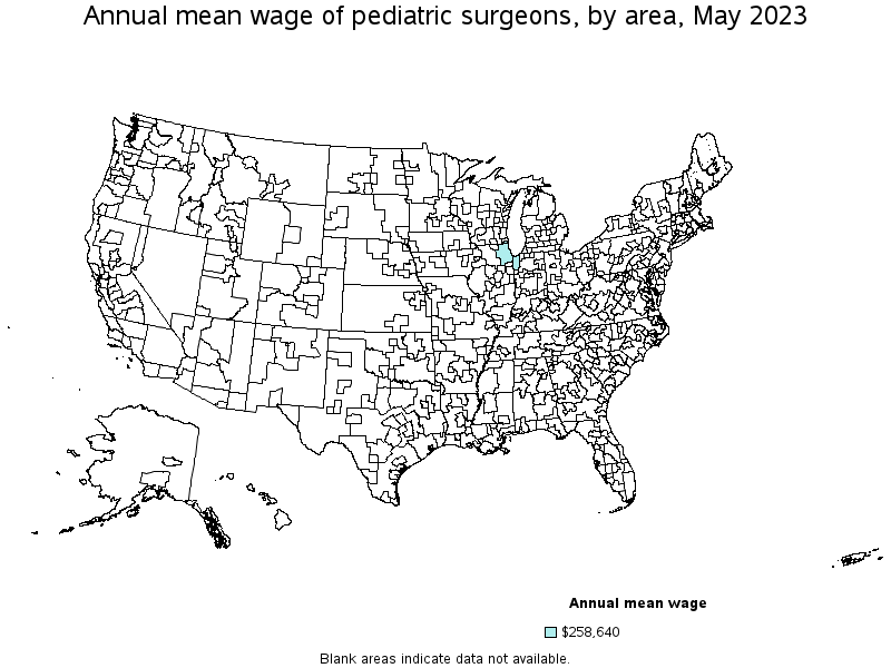 Map of annual mean wages of pediatric surgeons by area, May 2022