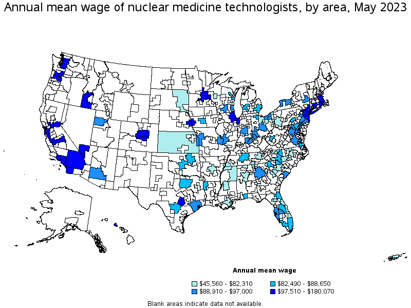 Map of annual mean wages of nuclear medicine technologists by area, May 2021