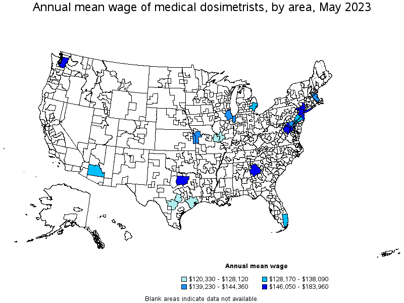 Map of annual mean wages of medical dosimetrists by area, May 2021