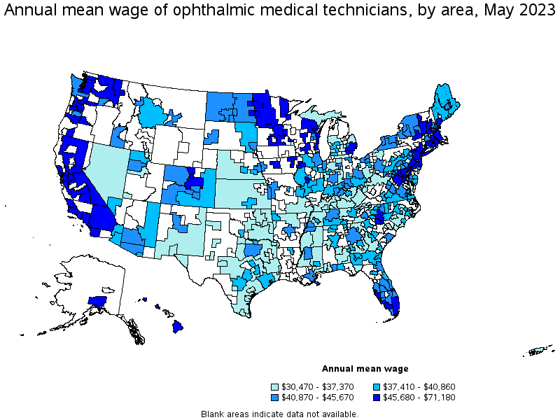 Map of annual mean wages of ophthalmic medical technicians by area, May 2021