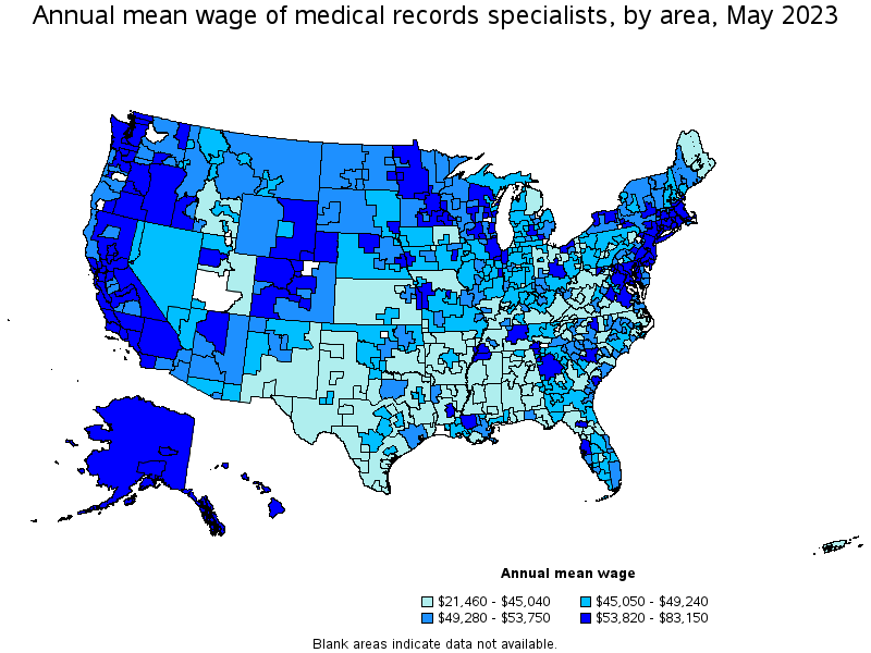 Map of annual mean wages of medical records specialists by area, May 2023