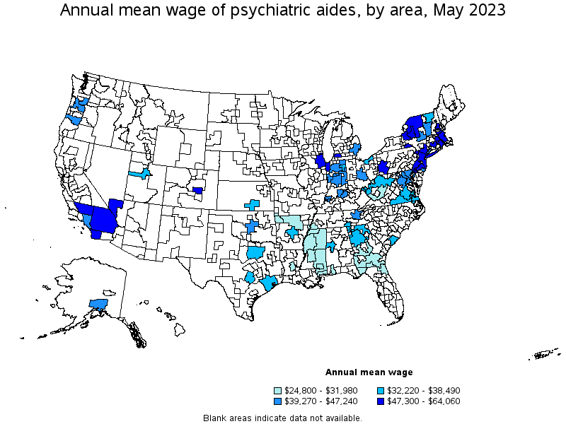 Map of annual mean wages of psychiatric aides by area, May 2023